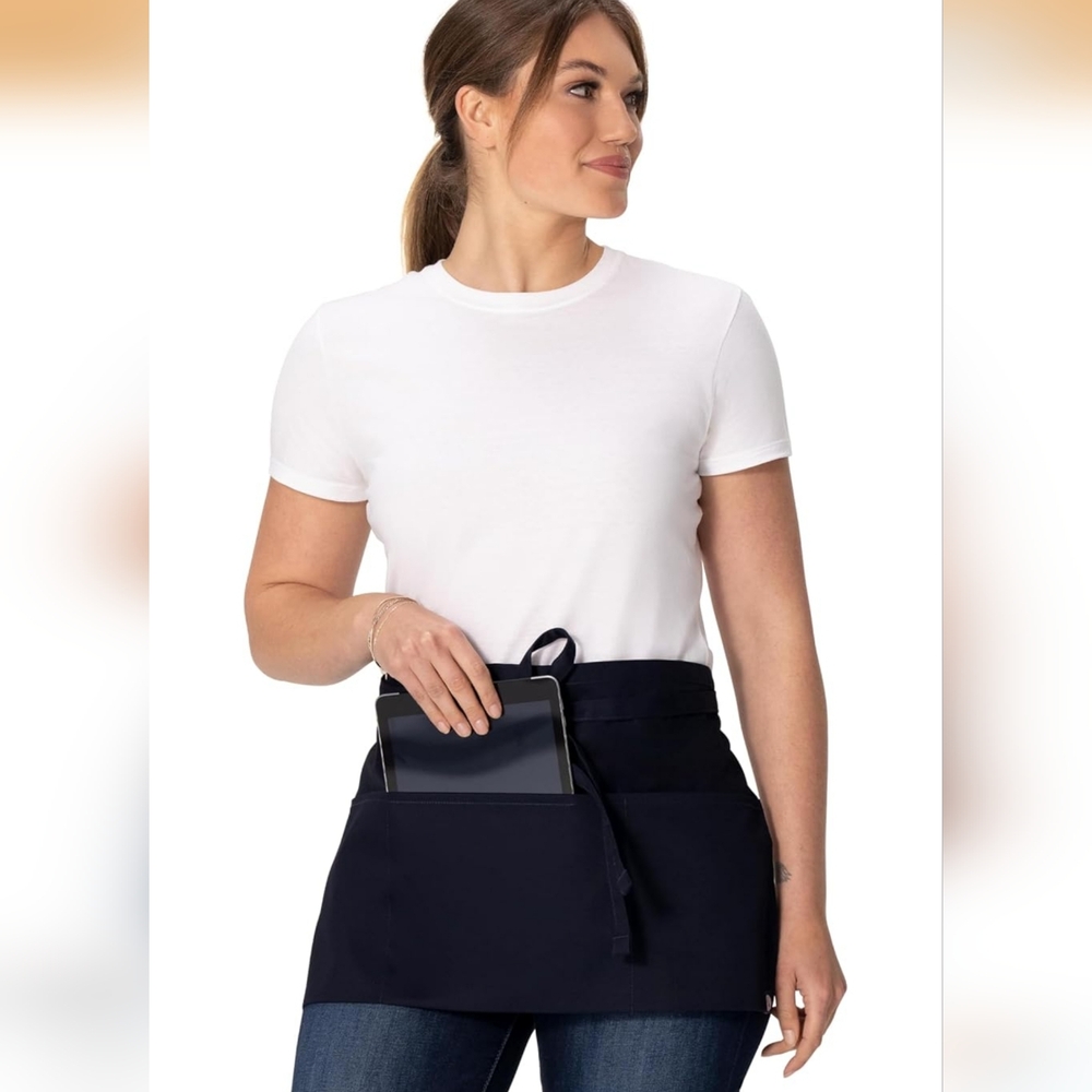 Chef Works Black Unisex Waist Half Apron with 3 Pockets